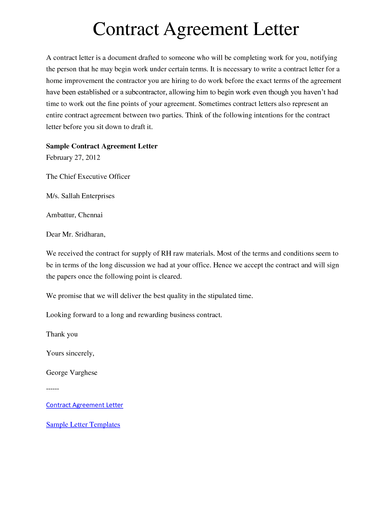 Sample Letter Of Agreement Between Two Parties Collection Letter 