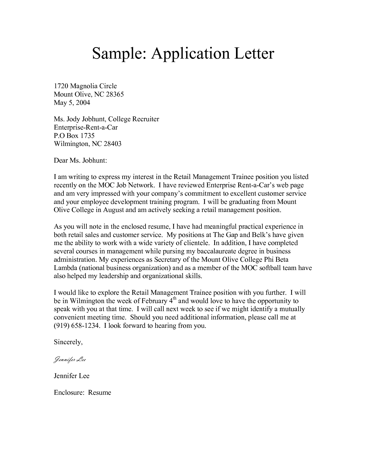 sample application letter for a position